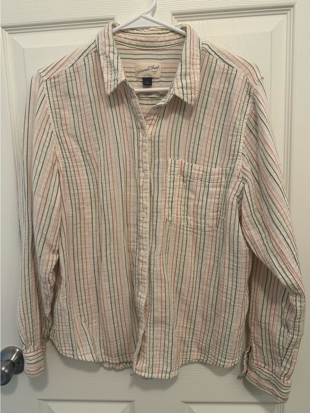 Universal Thread Cream Button-Up Shirt with Pink and Green Stripes